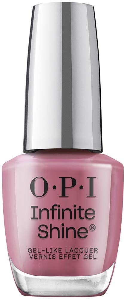 Pink nail polish bottle with silver cap, labeled 'O.P.I Infinite Shine' and 'Gel-Like Lacquer'.