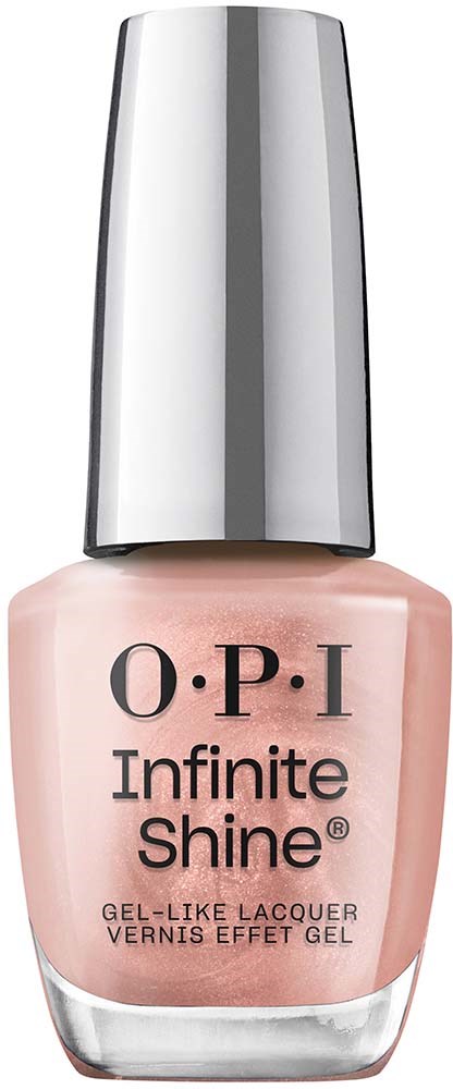 A bottle of pink nail polish with a silver cap, labeled OPI Infinite Shine.