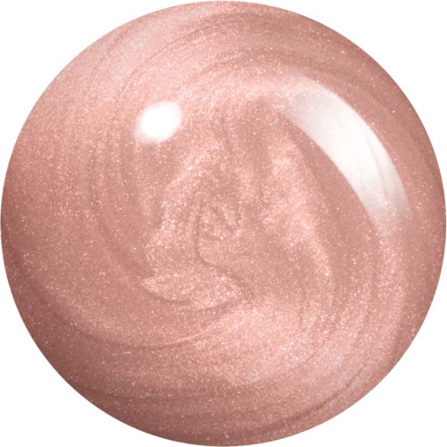 A shiny, round, pinkish-beige object with a swirling pattern and small sparkles inside.