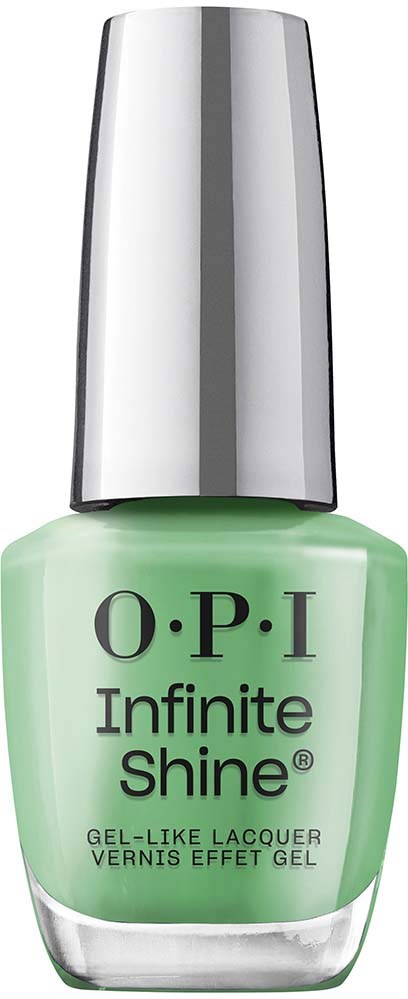 Green nail polish bottle with silver cap, labeled 'O.P.I Infinite Shine, Gel-Like Lacquer.'