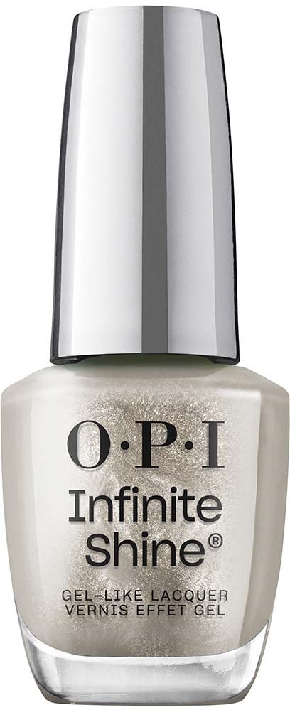 A nail polish bottle with silver cap and white, shiny polish labeled 'O.P.I Infinite Shine'.