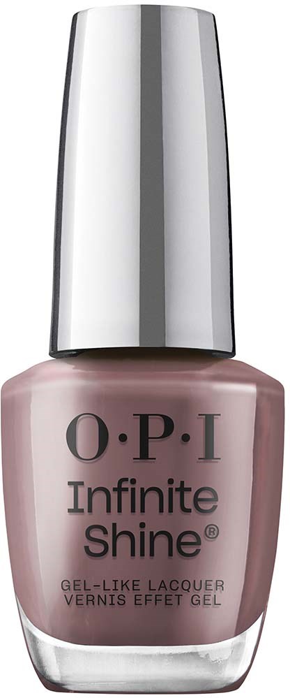 A nail polish bottle with a silver cap and pinkish polish labeled 'O.P.I Infinite Shine'.