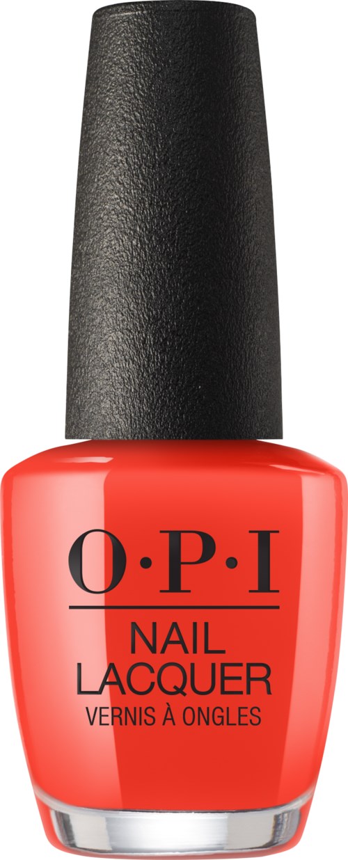 En flaska nagellack i ljus orange färg med svart hatt och O.P.I skrivet på.