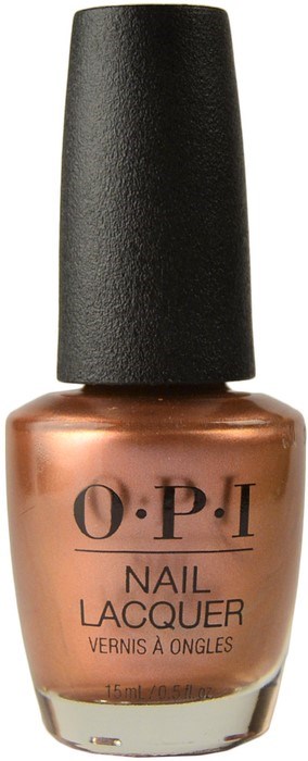 Eine Nagellackflasche in Roségold mit schwarzem Deckel von der Marke O.P.I. Das Etikett sagt Nagellack.