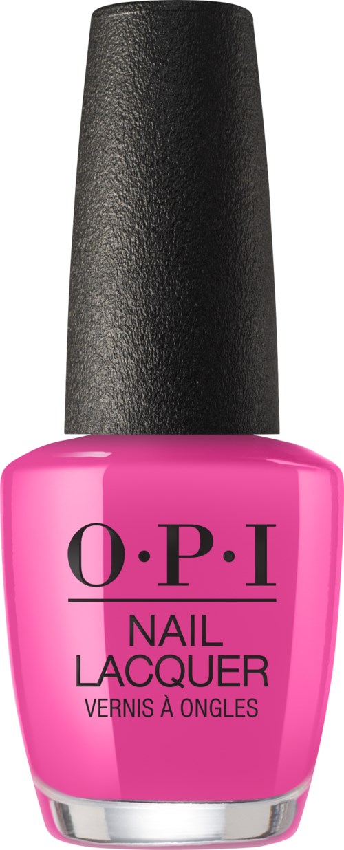 Rosa nagellackflaska med svart lock, märkt 'O.P.I Nail Lacquer'.