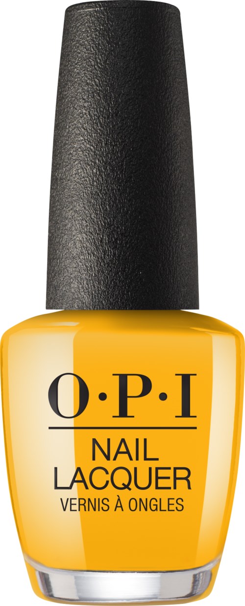 Eine leuchtend gelbe Nagellackflasche mit schwarzem Deckel, beschriftet mit 'O.P.I Nail Lacquer'.