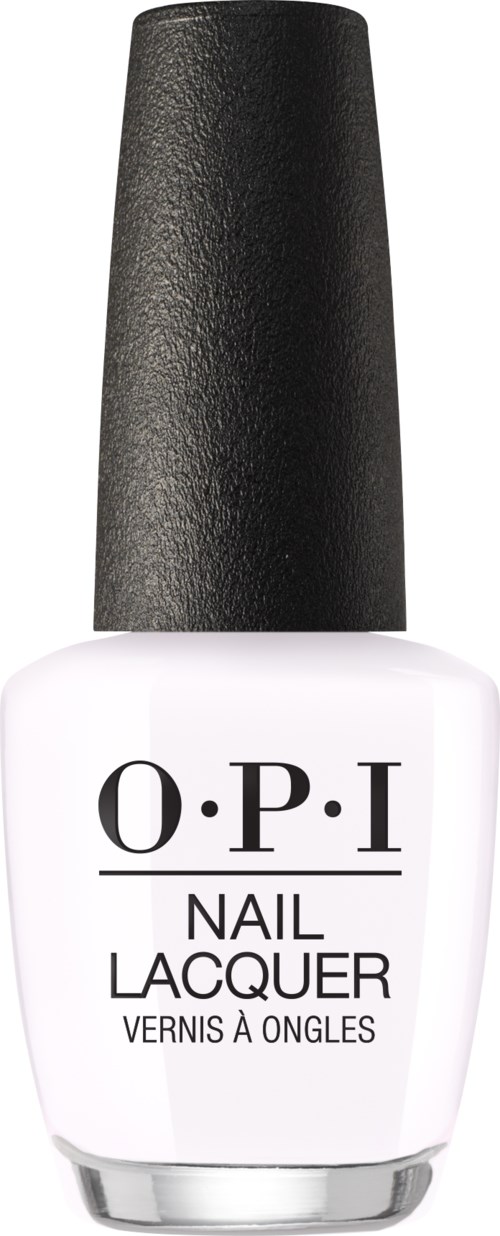 En vit nagellackflaska med svart lock och etikett som säger "O.P.I Nail Lacquer."