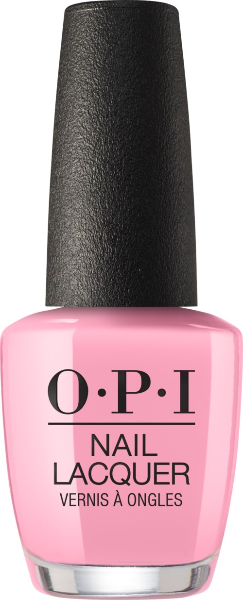 Rosa Nagellackflasche mit schwarzem Deckel, beschriftet O.P.I. Nail Lacquer.