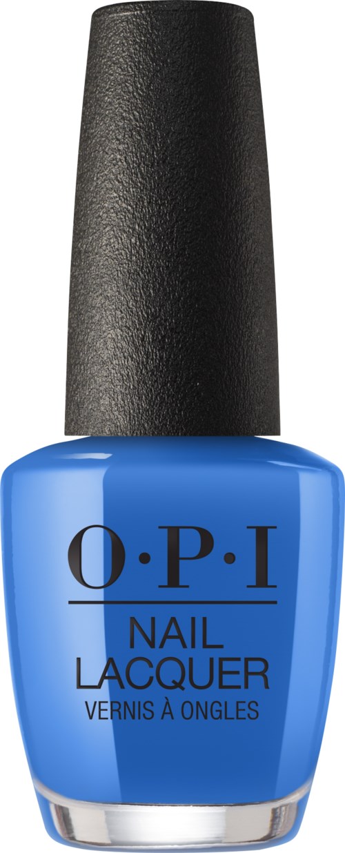 En blå nagellackflaska med svart lock märkt "O.P.I Nail Lacquer."