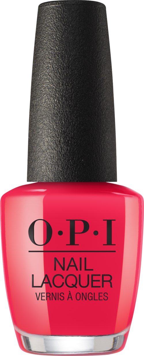 Rote Nagellackflasche mit schwarzem Deckel, mit der Beschriftung "O.P.I Nail Lacquer."