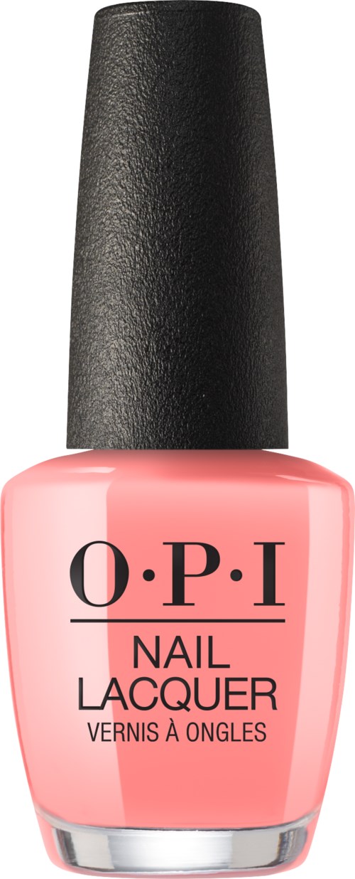 En rosa nagellacksflaska med svart lock, märkt O.P.I Nail Lacquer.