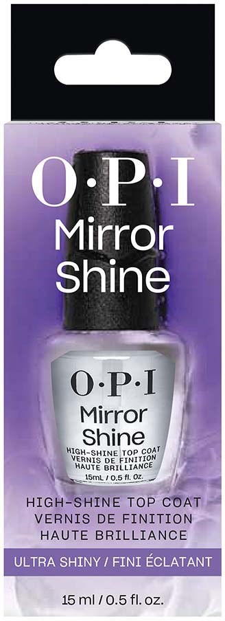 O.P.I Mirror Shine nail polish bottle in purple packaging with white text.