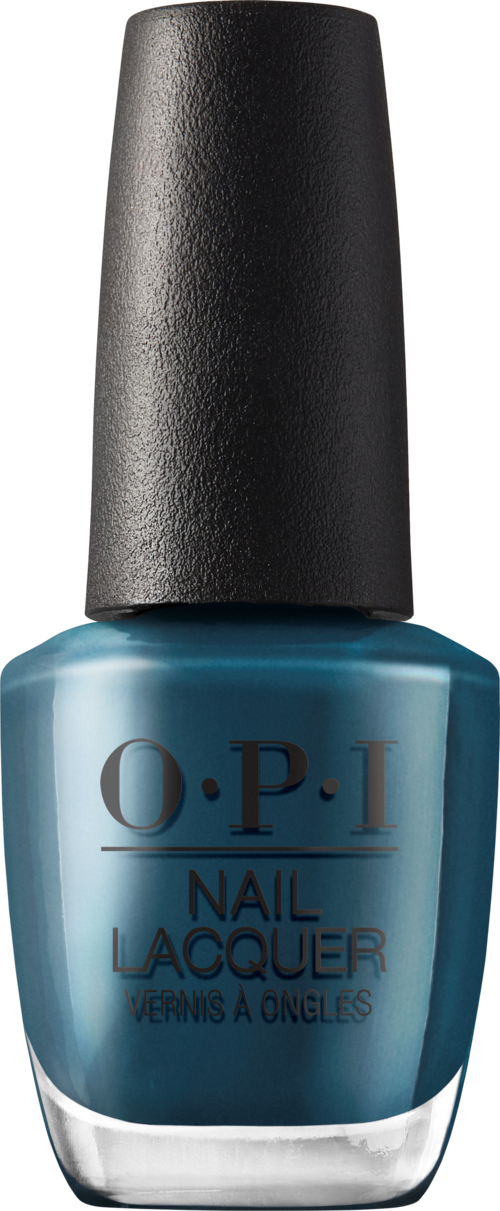 A bottle of blue nail polish with a black cap, labeled O.P.I Nail Lacquer.