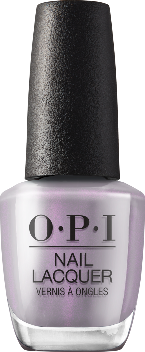 En flaska OPI nagellack med ljuslila färg och svart lock.