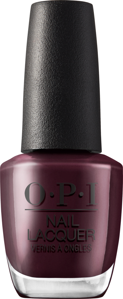 A bottle of dark pink nail polish with a black cap from O.P.I. brand.
