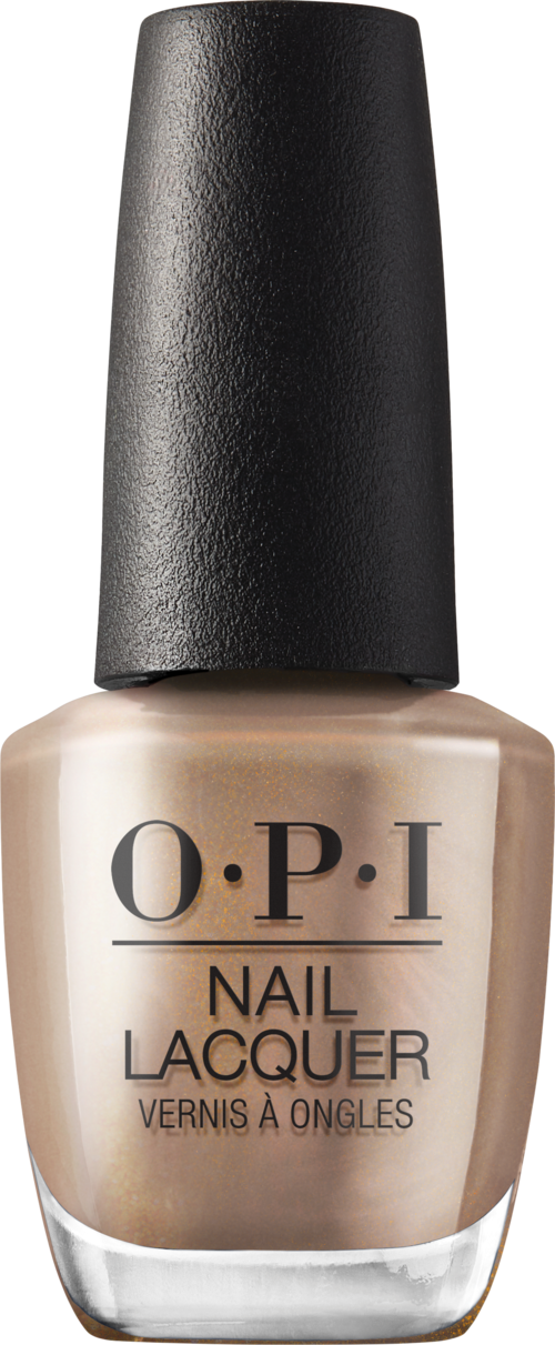 En beige nagellackflaska från O.P.I med svart lock, märkt 'Nail Lacquer'.