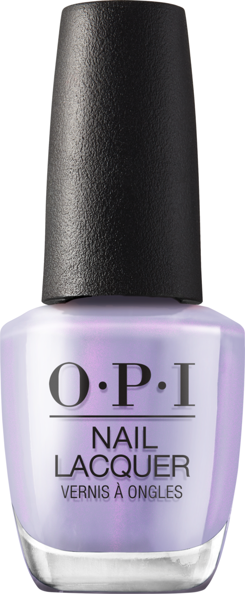 En flaska av O.P.I nagellack med lila färg och svart lock.