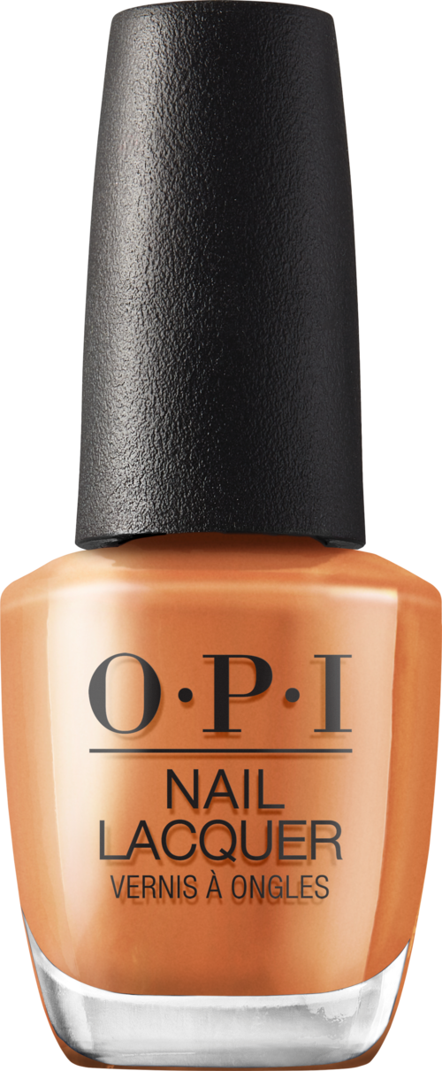 En flaska med OPI nagellack med svart lock och beige-orange lack.