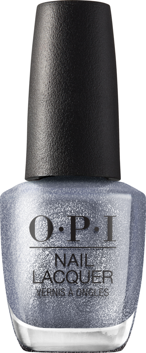 Gray nail polish bottle with black cap and O.P.I logo on front.