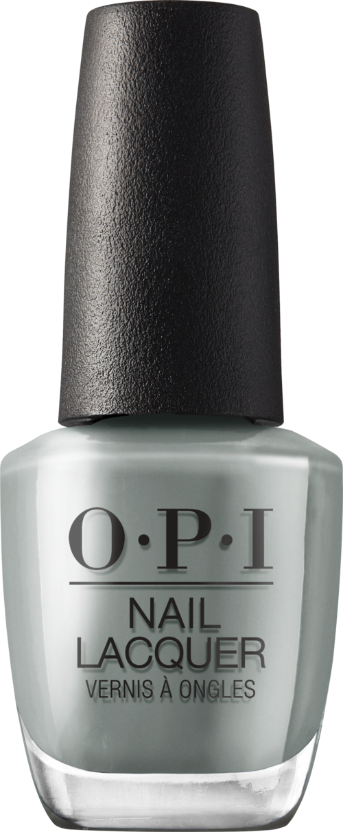 A bottle of O.P.I nail lacquer, grayish color, with a black cap.