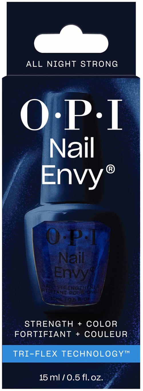 Dark blue nail polish bottle with O.P.I Nail Envy label, promoting strength and color, with Tri-Flex Technology, 15ml size.