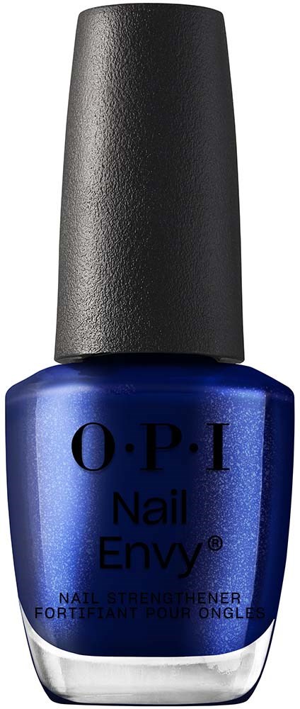 A blue nail polish bottle with a black cap, labeled 'O.P.I Nail Envy' and a description of nail strength.