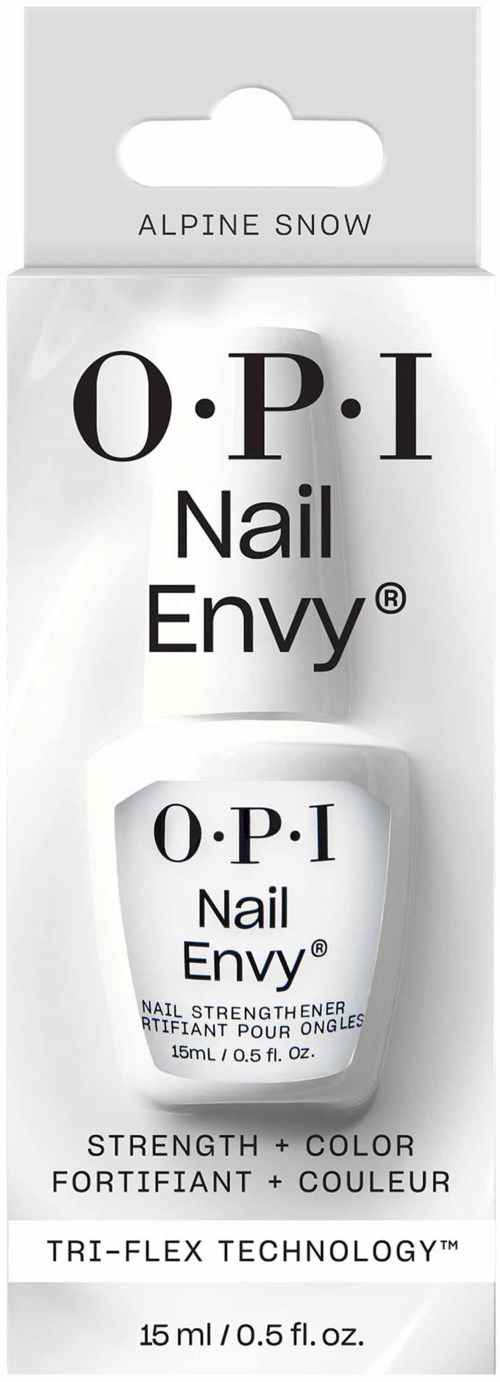A nail polish product called O.P.I Nail Envy in a white bottle with black text, named 'Alpine Snow'.