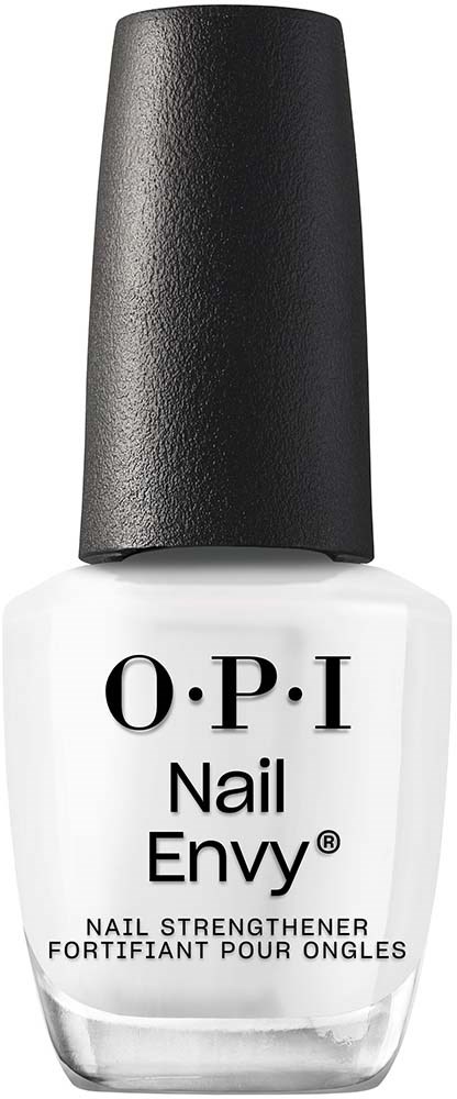 A white nail polish bottle with a black cap and O.P.I Nail Envy label. It is a nail strengthener.