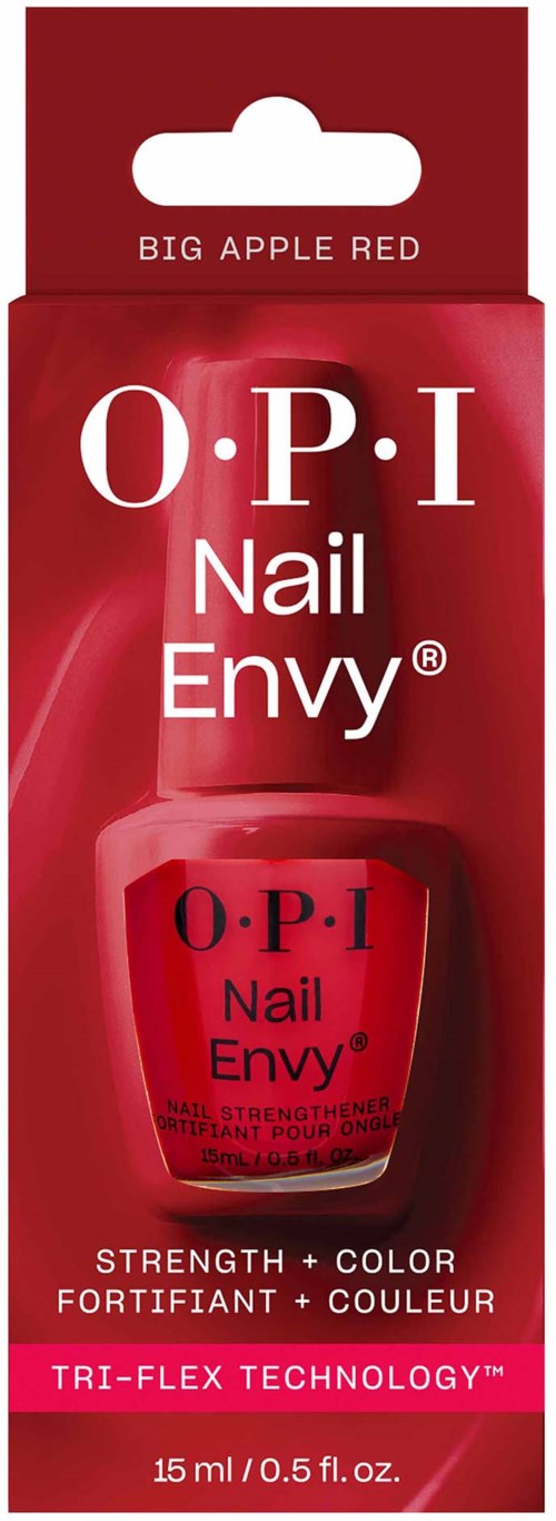 Red nail polish bottle with O.P.I Nail Envy label, says 'Big Apple Red,' with a plus sign and tech mention.