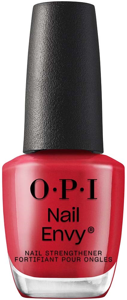Red nail polish bottle with black cap, labeled 'O.P.I Nail Envy,' for strengthening nails.