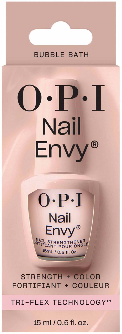 Pink box containing O.P.I Nail Envy bubble bath strengthener with tri-flex technology, 15 ml.