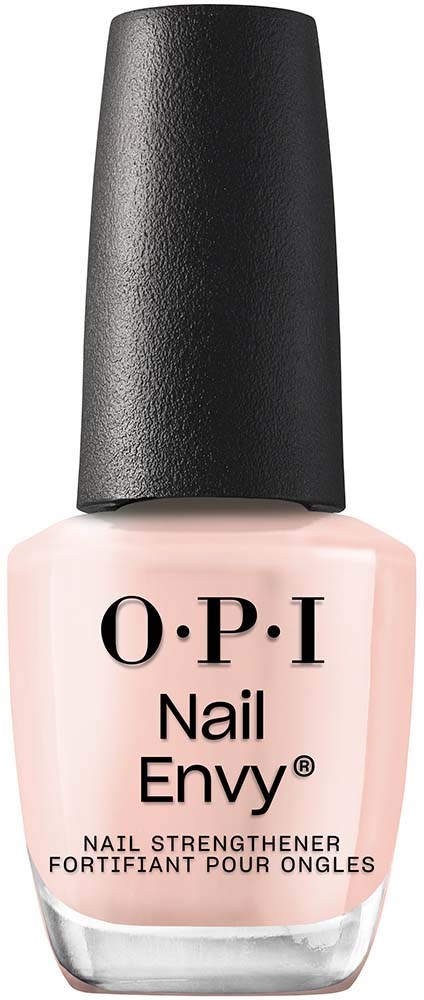 A bottle of O.P.I Nail Envy nail strengthener, light pink color, black cap, stands upright.