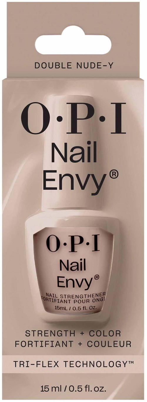 Nail polish bottle labeled 'O.P.I Nail Envy' for strengthening and coating nails, in a beige box.