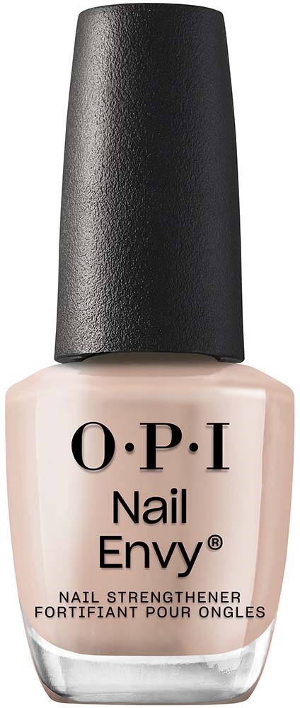 A bottle of O.P.I Nail Envy nail strengthener with a black cap and beige liquid inside.