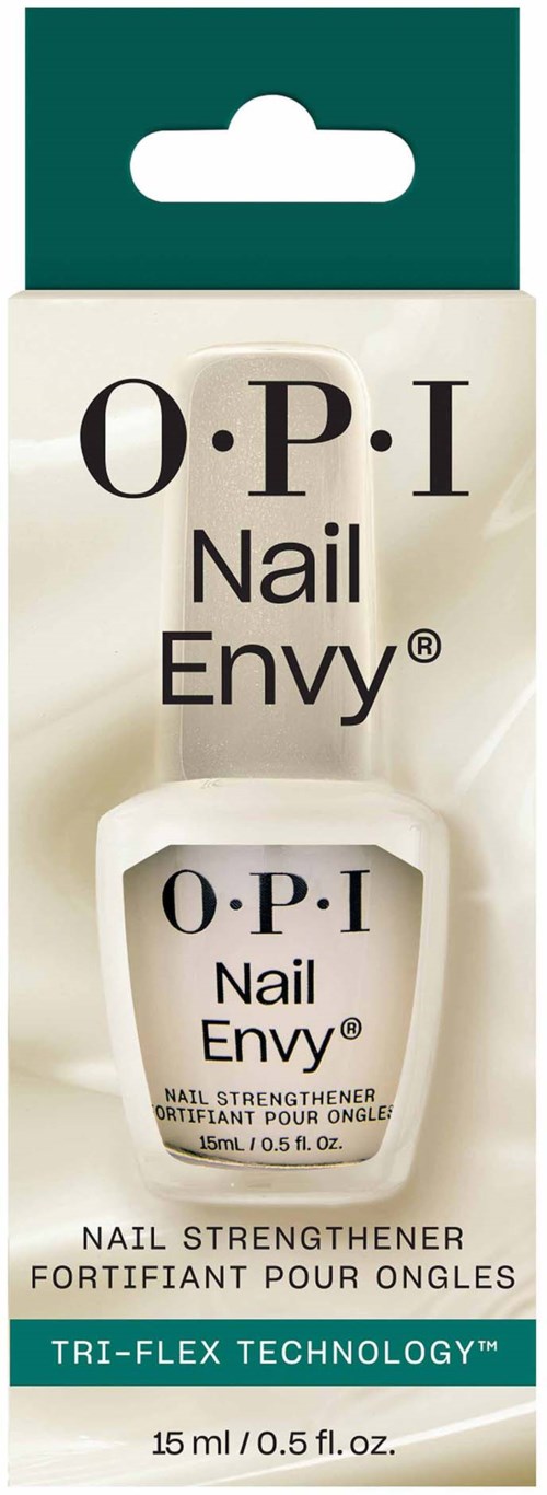A small white bottle of nail strengthener by O.P.I, labeled 'Nail Envy,' with green and white packaging.