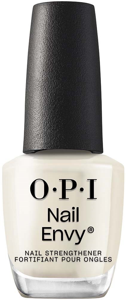 A white nail polish bottle with black cap, labeled O.P.I Nail Envy, strengthens nails.