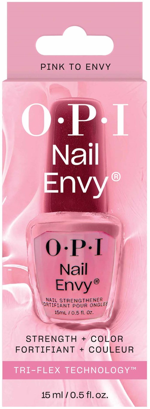 Pink nail polish with "O.P.I Nail Envy" label, emphasizing strength and color, in a small bottle.