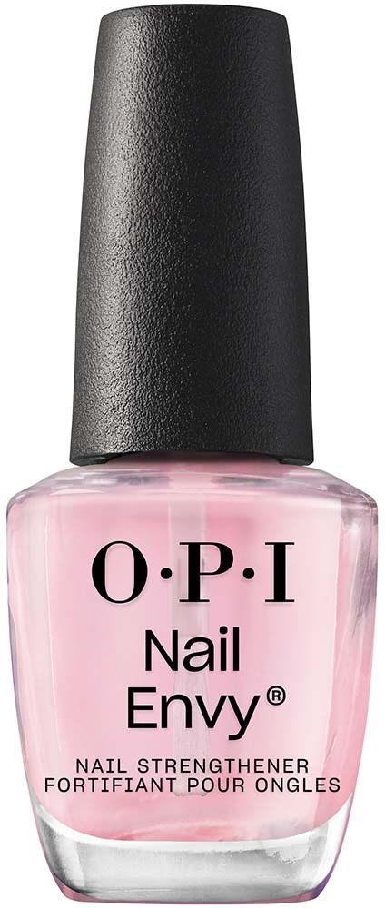 A pink nail polish bottle with a black cap, labeled 'O.P.I Nail Envy'.