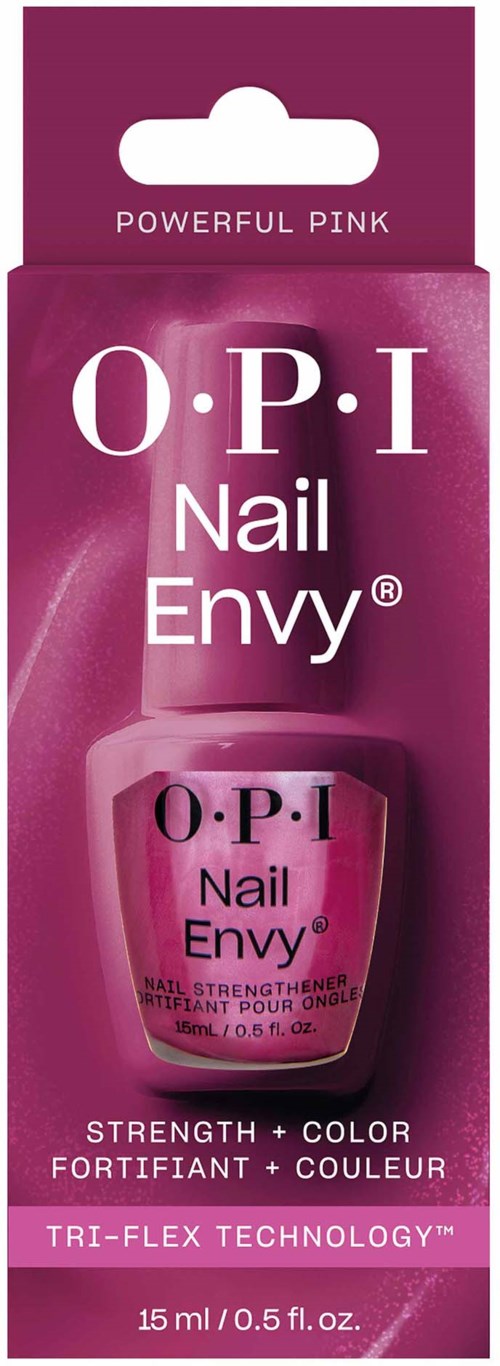 Pink nail polish bottle and packaging with text highlighting O.P.I Nail Envy, strength, color, and a technology feature.