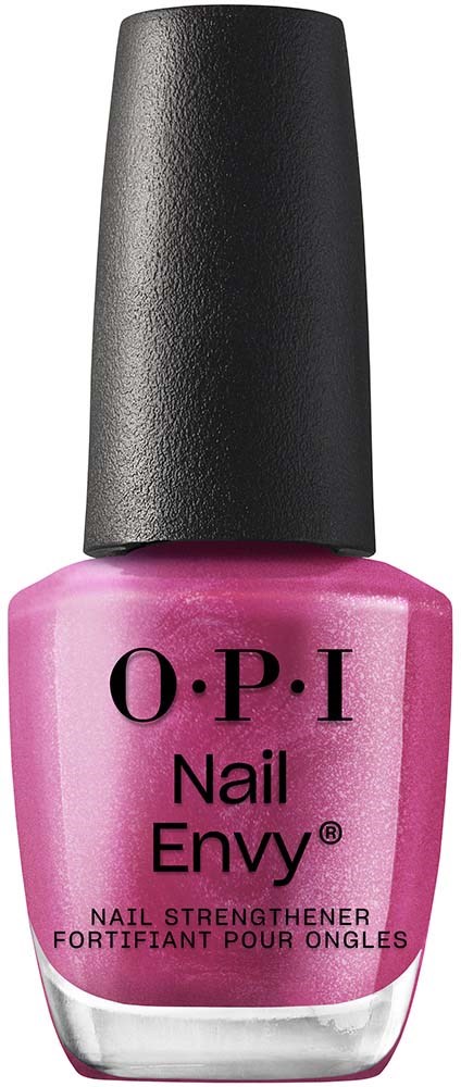 Pink nail polish bottle with black cap, labeled 'O.P.I Nail Envy' for strengthening nails.