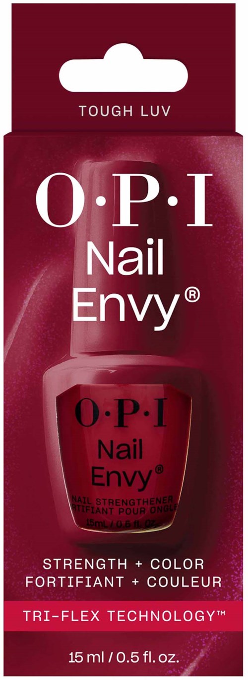Red nail polish bottle with O.P.I Nail Envy label, claims to strengthen and color nails, tri-flex technology, 15 ml.