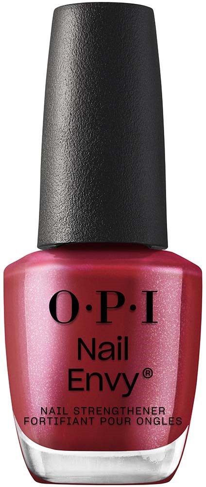 Pink nail polish bottle with black cap and O.P.I Nail Envy label, used for strengthening nails.