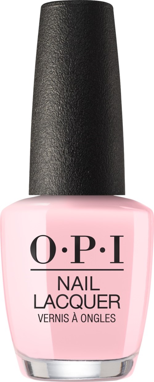 Pink nail polish bottle with a black cap, labeled O.P.I Nail Lacquer.