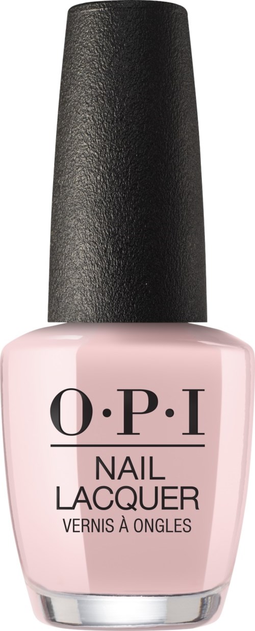En flaska rosa nagellack med svart kork, märkt 'O.P.I Nail Lacquer'.
