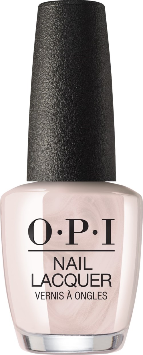 A bottle of O.P.I nail lacquer with a black cap and light pink polish.