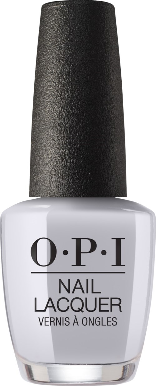 En vit nagellackflaska med svart kork, märkt O.P.I Nail Lacquer.