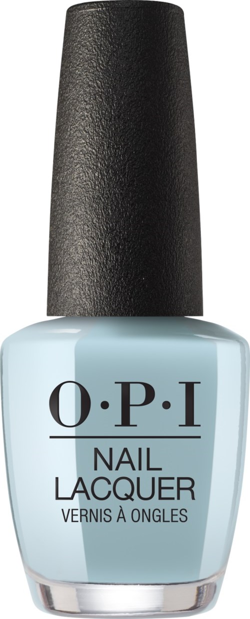 A light blue nail polish bottle with a black cap, labeled "O.P.I Nail Lacquer."