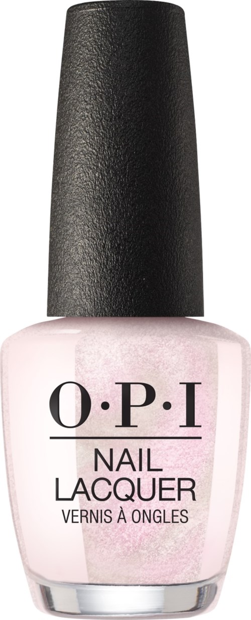 Pink nagellackflaska med svart lock, märkt O.P.I Nail Lacquer.