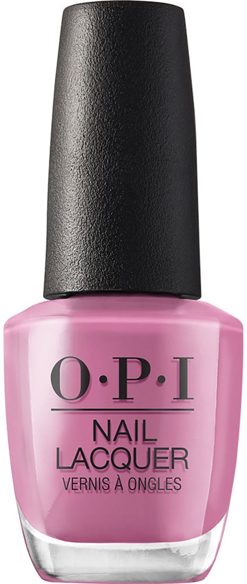 Pink nail polish bottle with black cap and logo, labeled 'O.P.I Nail Lacquer'.