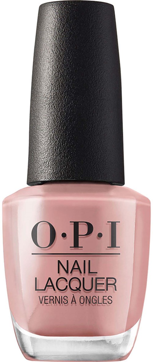 Pink nail polish bottle with a black cap, label reads O.P.I Nail Lacquer.